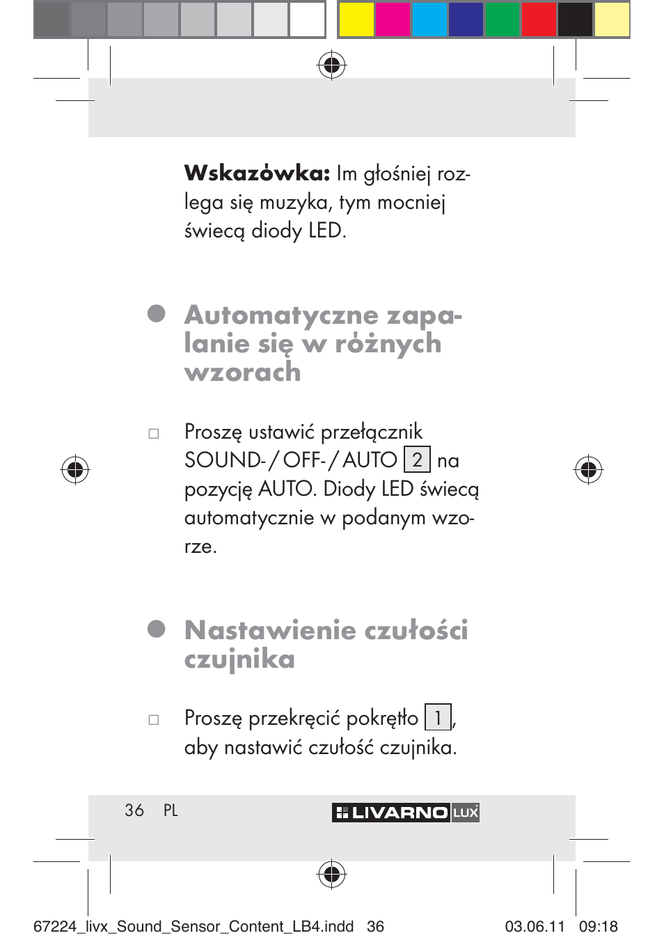 Automatyczne zapa- lanie się w rόżnych wzorach, Nastawienie czułości czujnika | Livarno Z30425 A User Manual | Page 34 / 129