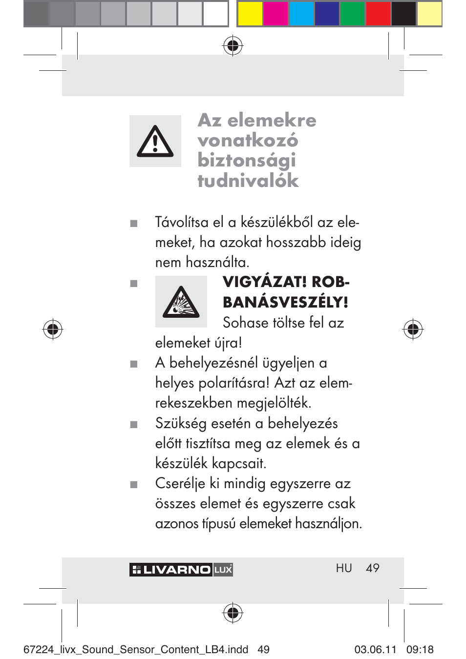 Az elemekre vonatkozó biztonsági tudnivalók | Livarno Z30425 A User Manual | Page 47 / 129