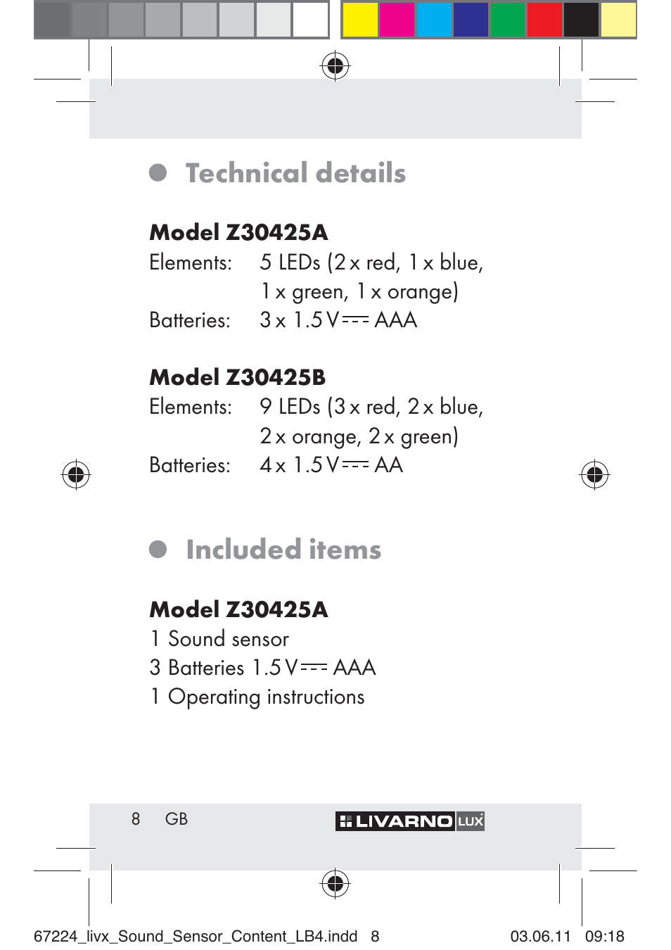 Technical details, Included items | Livarno Z30425 A User Manual | Page 6 / 129