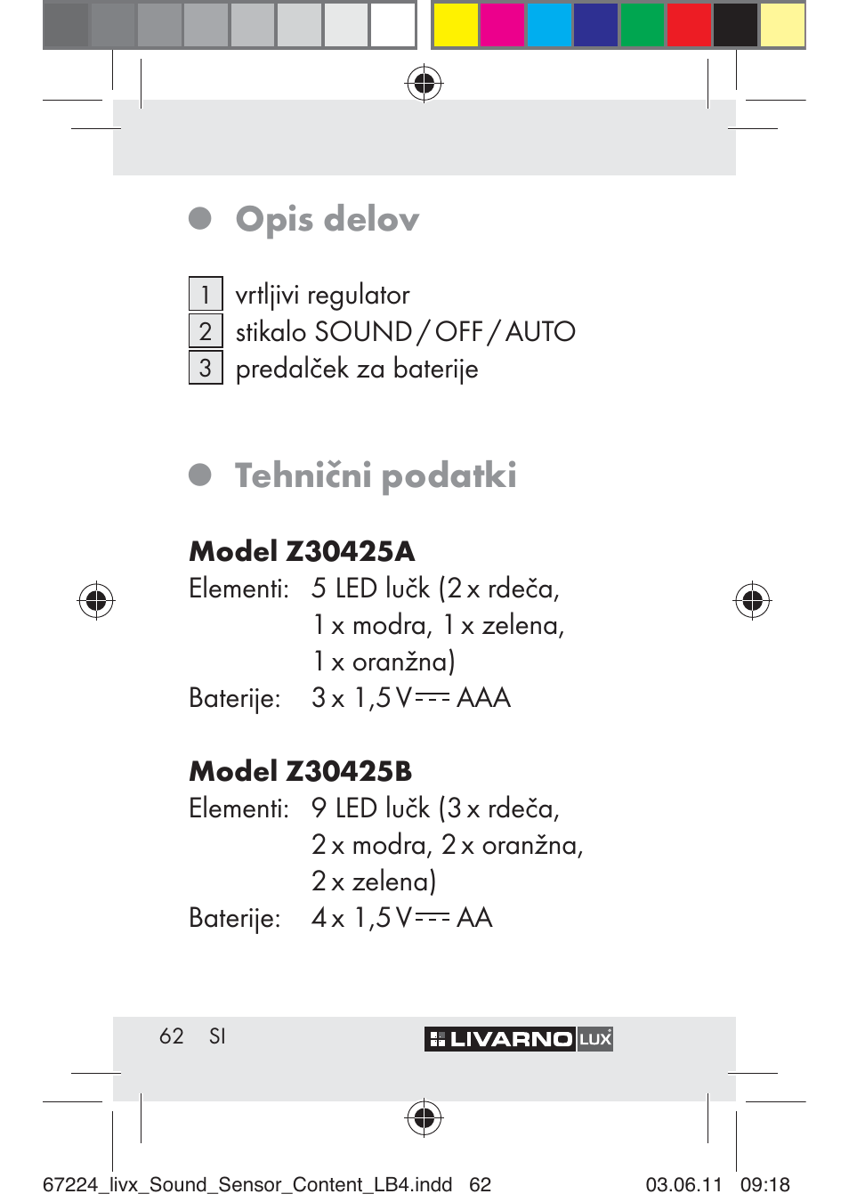 Opis delov, Tehnični podatki | Livarno Z30425 A User Manual | Page 60 / 129