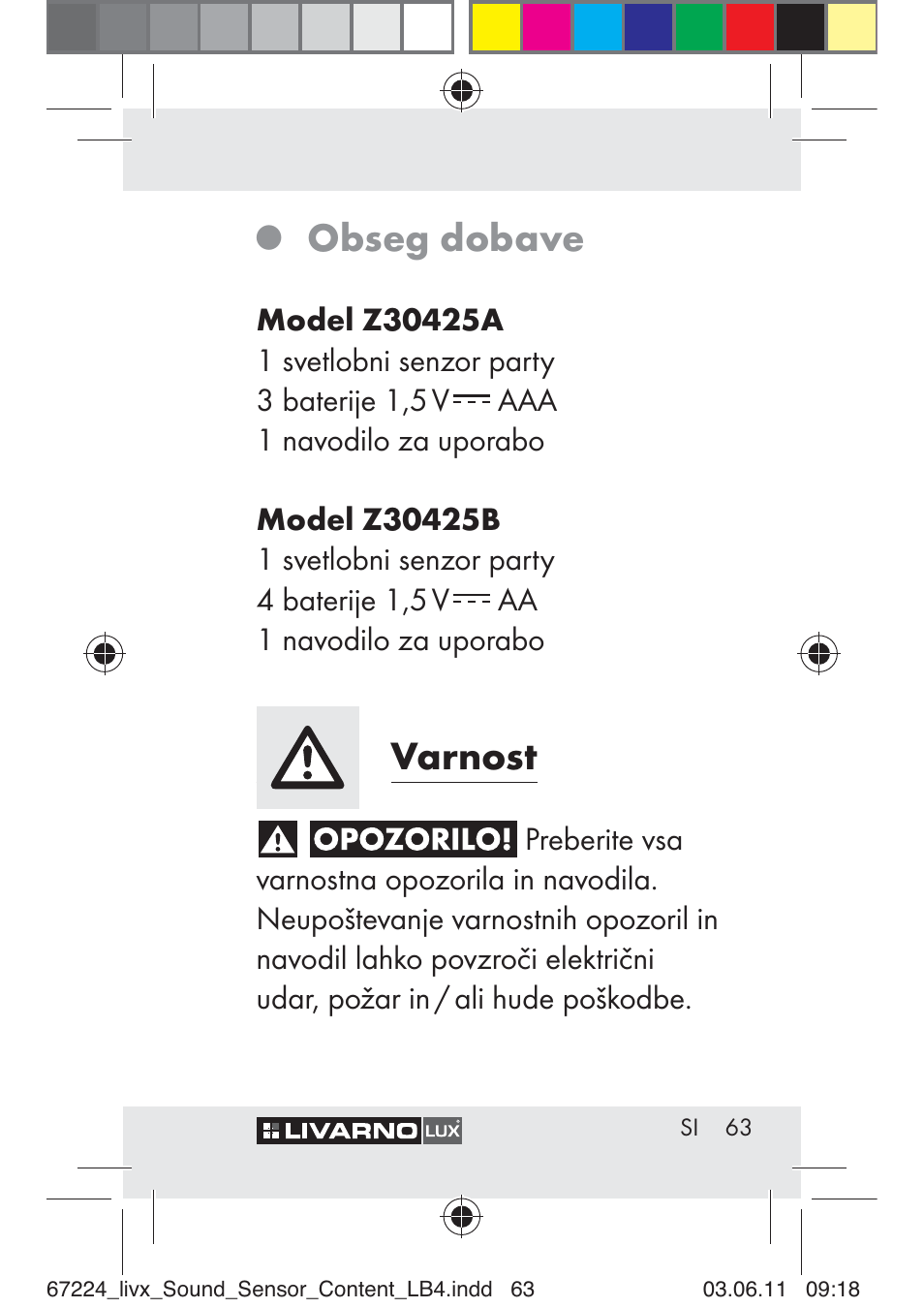 Obseg dobave, Varnost | Livarno Z30425 A User Manual | Page 61 / 129