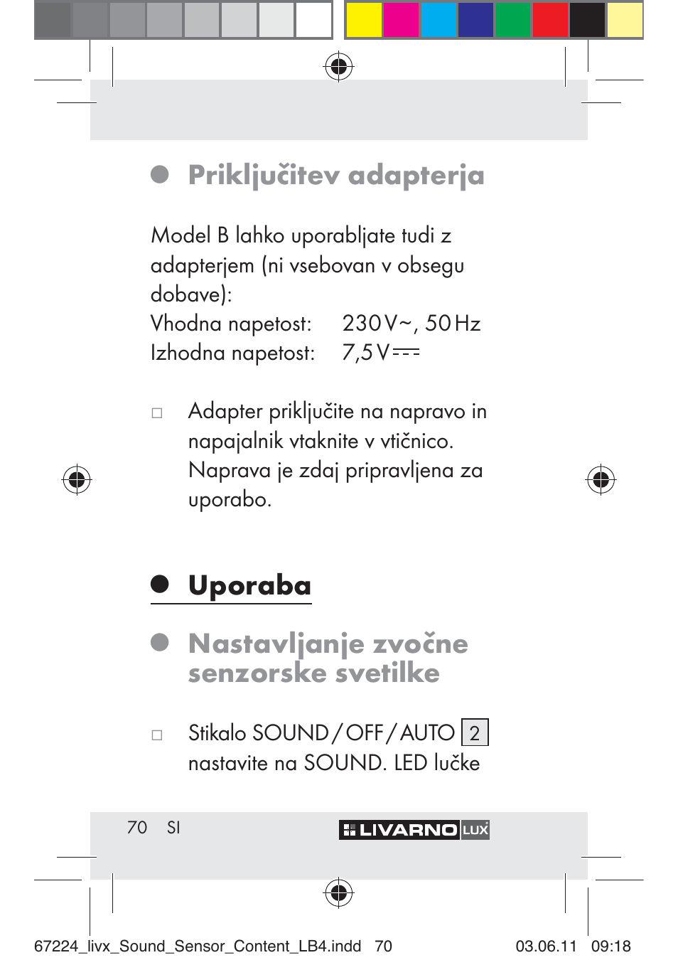 Priključitev adapterja, Uporaba, Nastavljanje zvočne senzorske svetilke | Livarno Z30425 A User Manual | Page 68 / 129