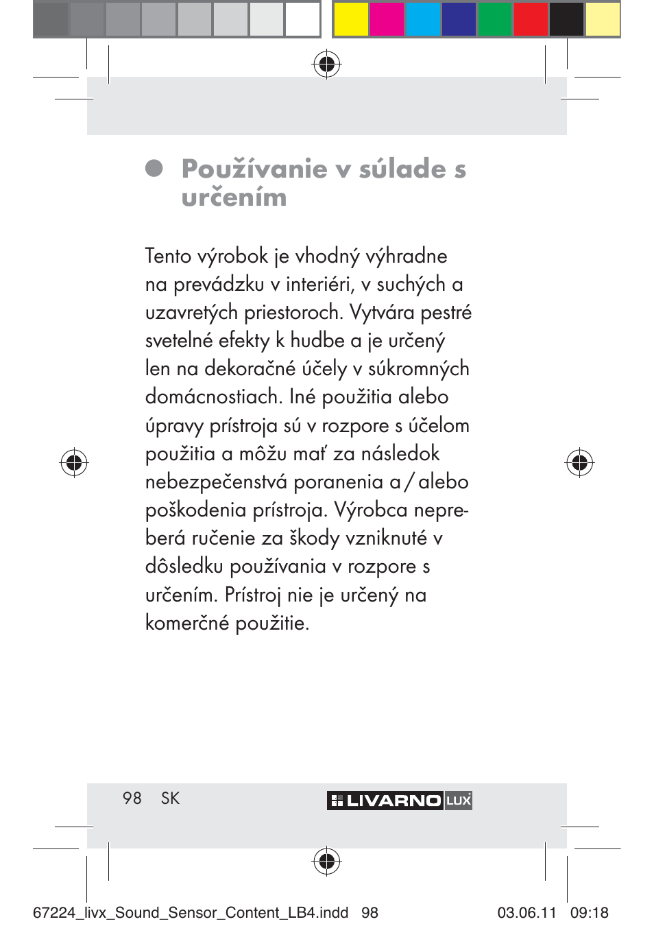 Používanie v súlade s určením | Livarno Z30425 A User Manual | Page 96 / 129