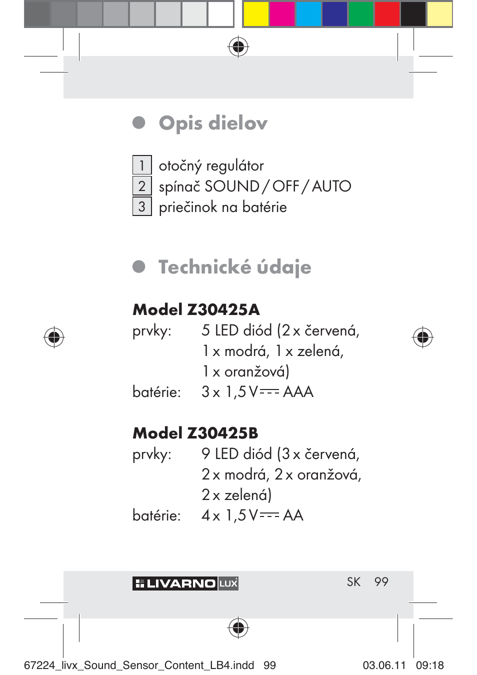 Opis dielov, Technické údaje | Livarno Z30425 A User Manual | Page 97 / 129