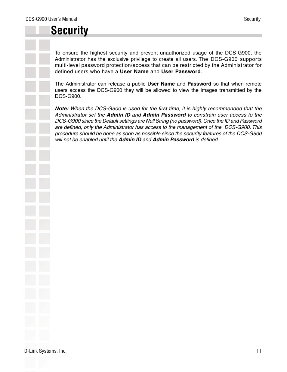 Security | D-Link DCS-G900 User Manual | Page 11 / 78
