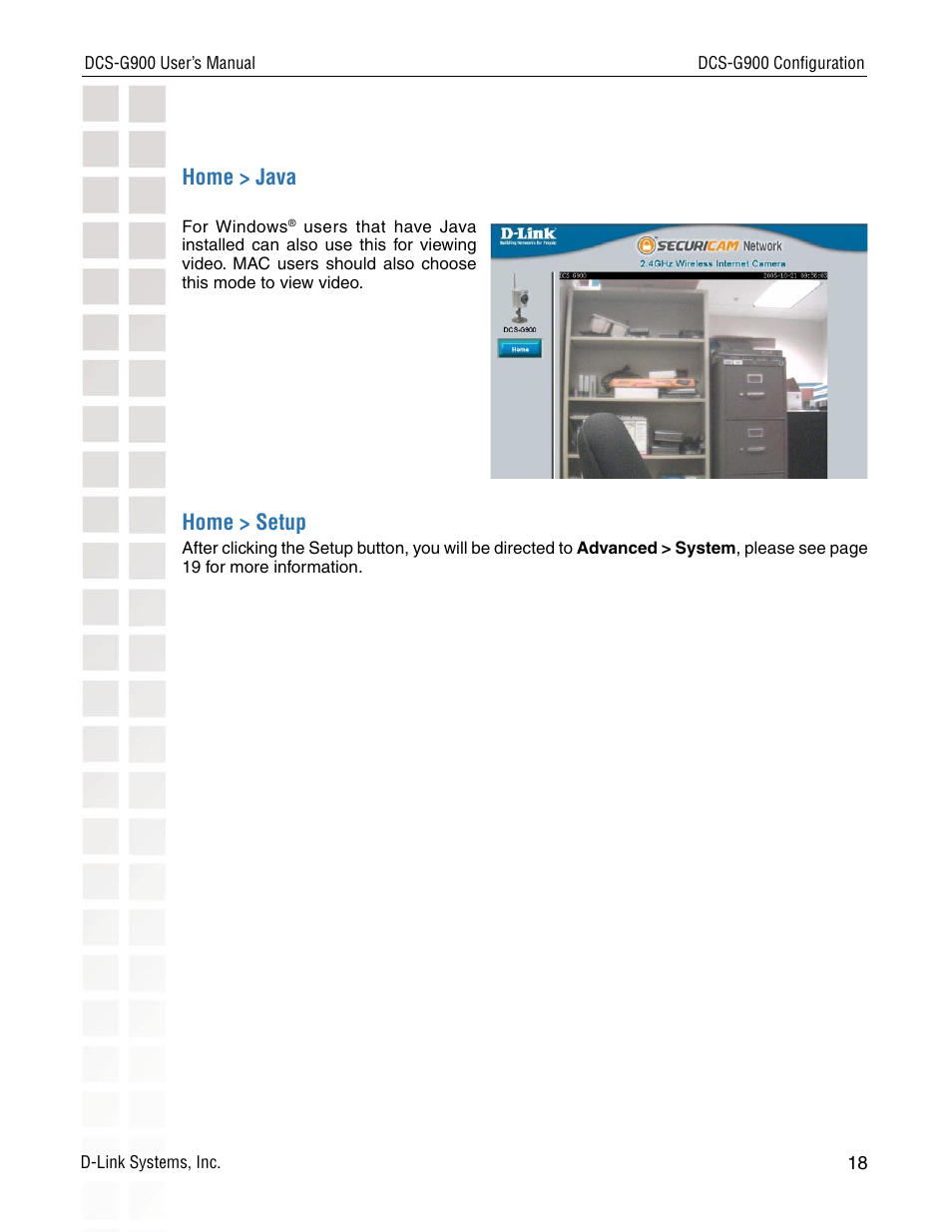 Home > java, Home > setup | D-Link DCS-G900 User Manual | Page 18 / 78