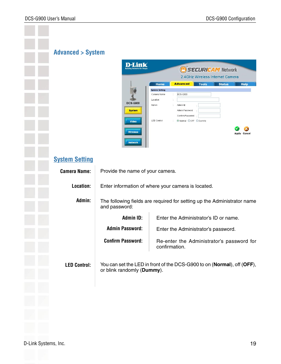 Advanced > system, System setting | D-Link DCS-G900 User Manual | Page 19 / 78