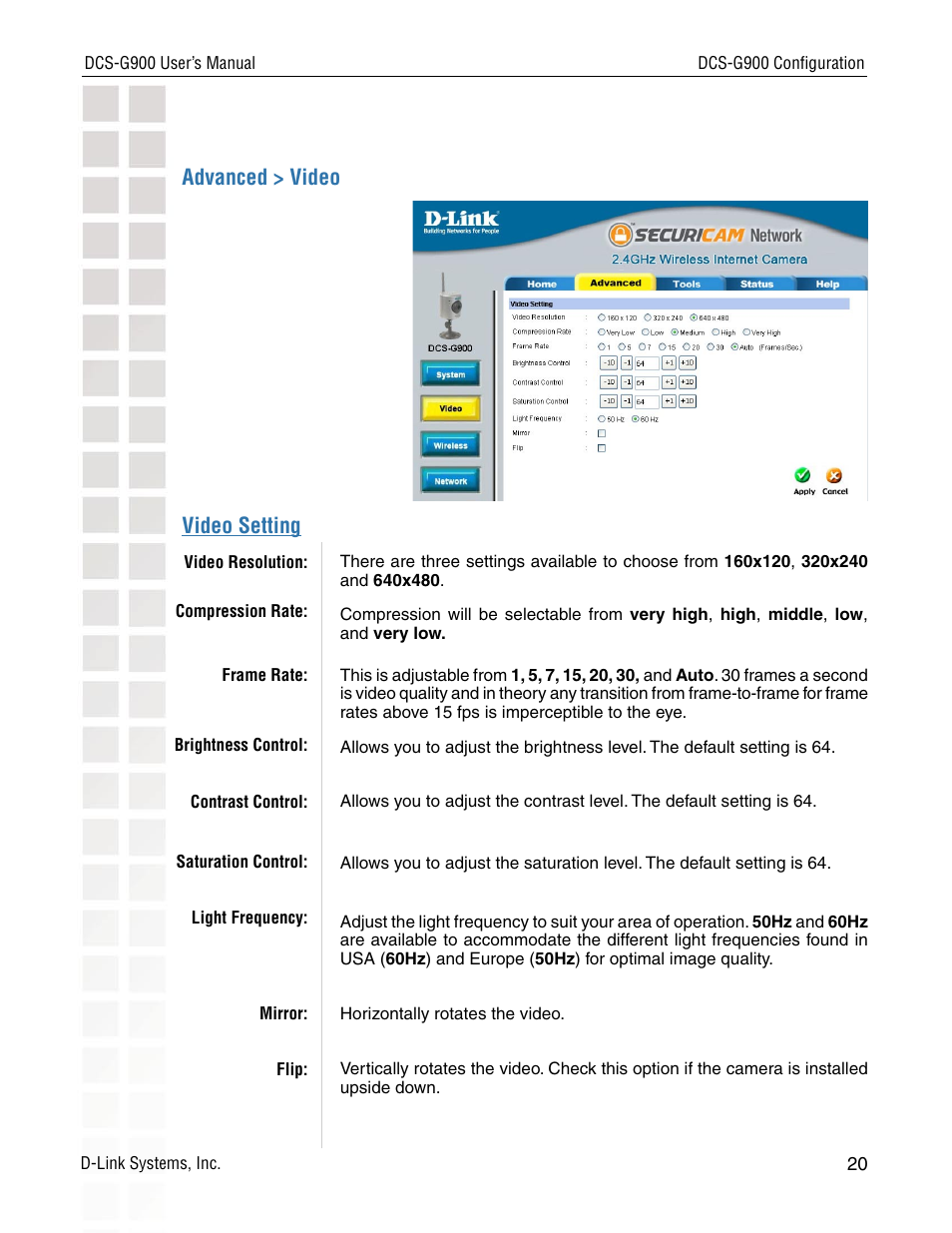 Advanced > video, Video setting | D-Link DCS-G900 User Manual | Page 20 / 78