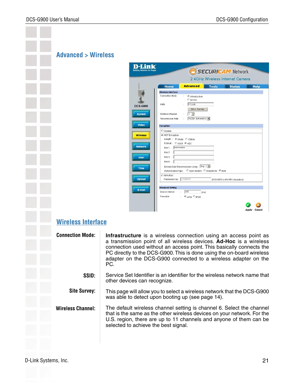Advanced > wireless, Wireless interface | D-Link DCS-G900 User Manual | Page 21 / 78