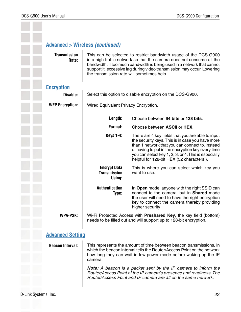 Advanced > wireless (continued) encryption, Advanced setting | D-Link DCS-G900 User Manual | Page 22 / 78