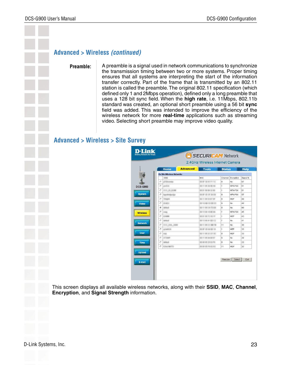 Advanced > wireless (continued), Advanced > wireless > site survey | D-Link DCS-G900 User Manual | Page 23 / 78