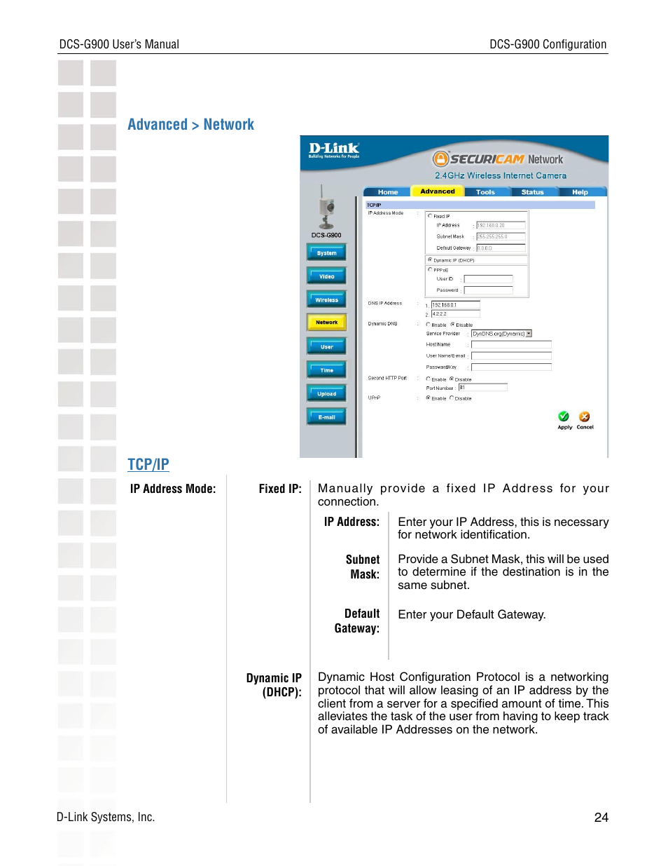 Advanced > network, Tcp/ip | D-Link DCS-G900 User Manual | Page 24 / 78