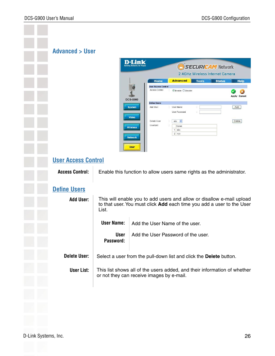 Advanced > user, User access control deﬁne users | D-Link DCS-G900 User Manual | Page 26 / 78