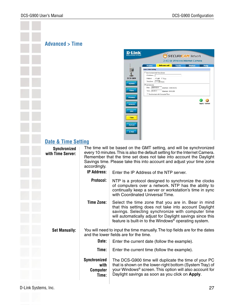 Advanced > time date & time setting | D-Link DCS-G900 User Manual | Page 27 / 78