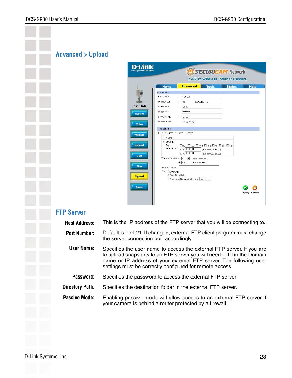 Advanced > upload ftp server | D-Link DCS-G900 User Manual | Page 28 / 78