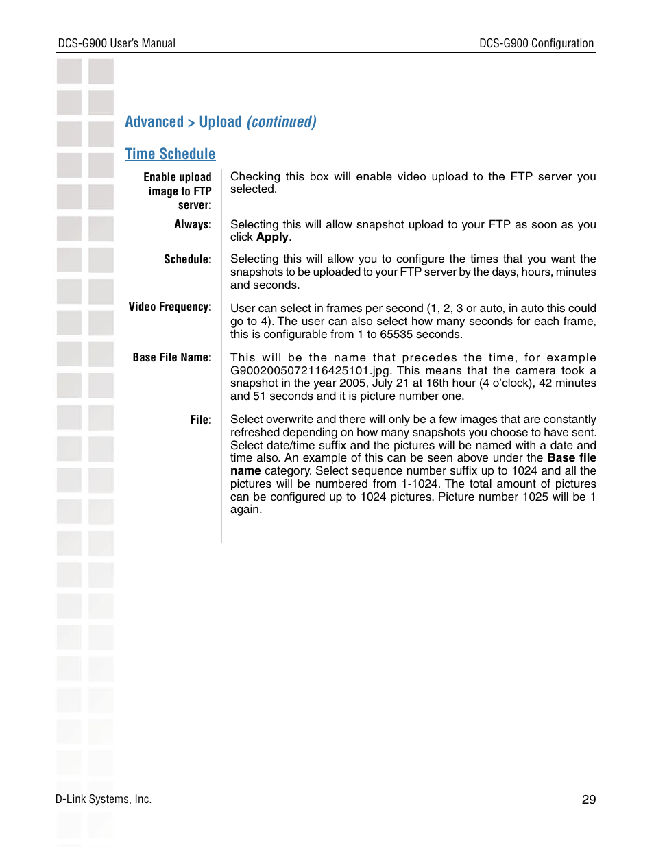 Advanced > upload (continued) time schedule | D-Link DCS-G900 User Manual | Page 29 / 78