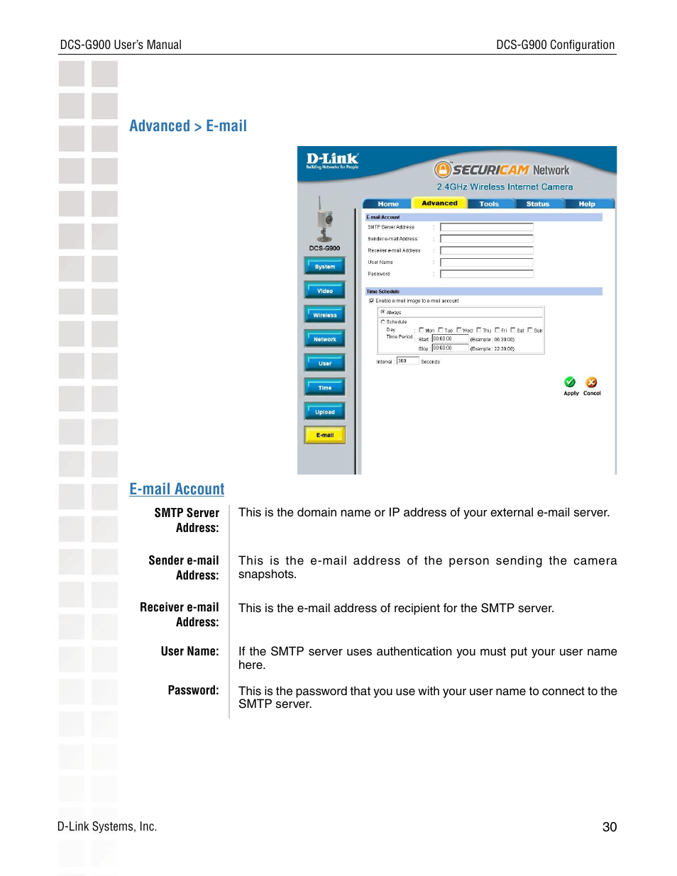 Advanced > e-mail e-mail account | D-Link DCS-G900 User Manual | Page 30 / 78