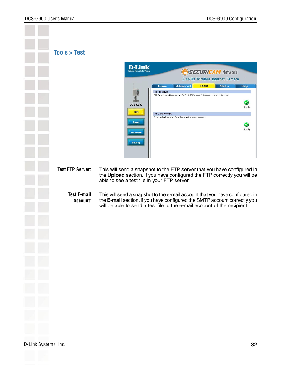 Tools > test | D-Link DCS-G900 User Manual | Page 32 / 78