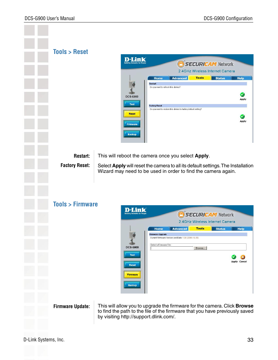Tools > reset tools > firmware | D-Link DCS-G900 User Manual | Page 33 / 78