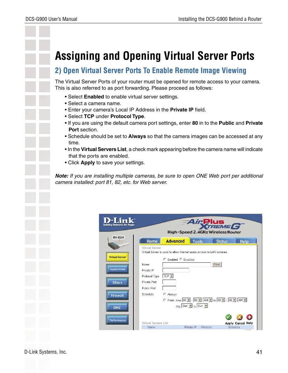 Assigning and opening virtual server ports | D-Link DCS-G900 User Manual | Page 41 / 78
