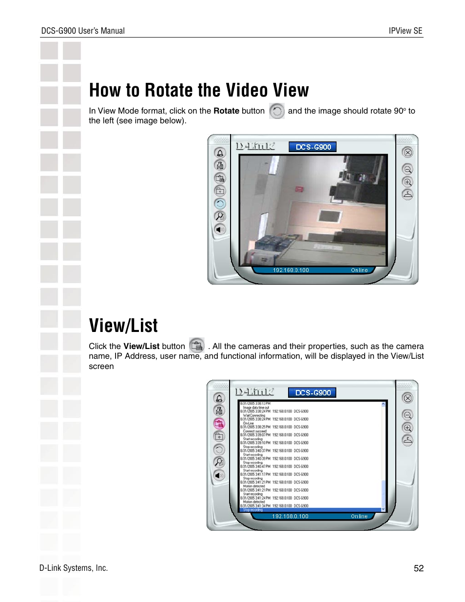 How to rotate the video view, View/list | D-Link DCS-G900 User Manual | Page 52 / 78
