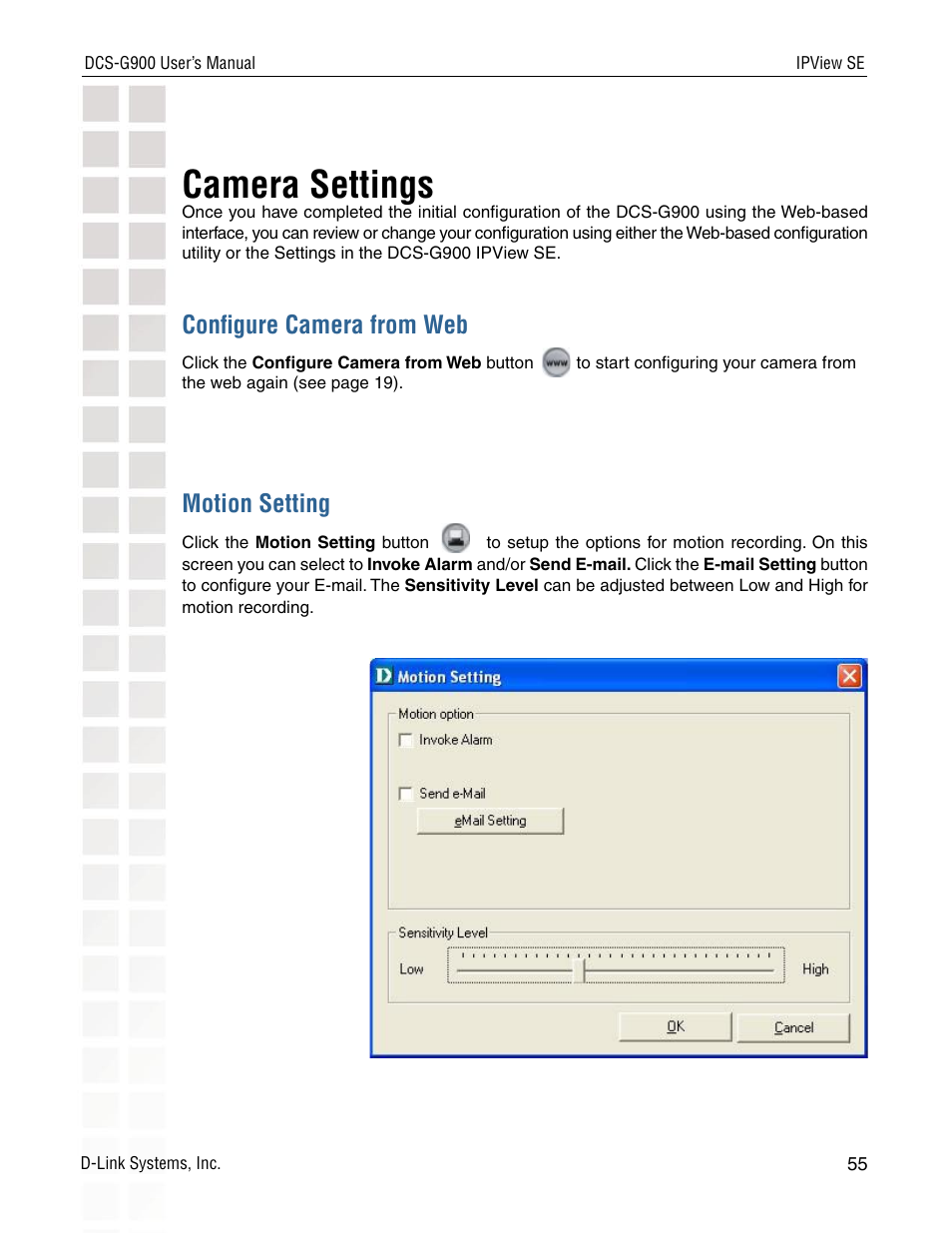 Camera settings, Conﬁgure camera from web, Motion setting | D-Link DCS-G900 User Manual | Page 55 / 78