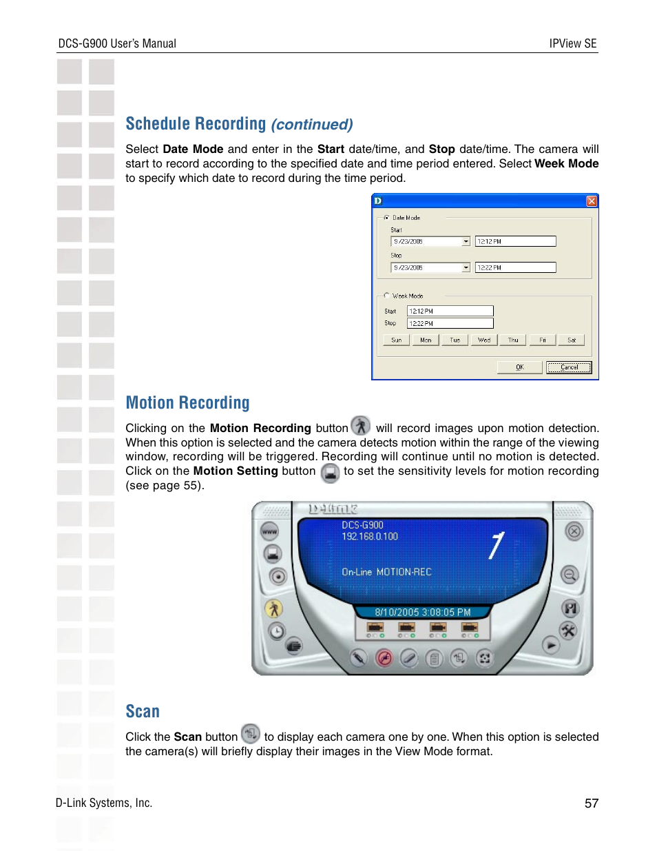 Schedule recording, Motion recording, Scan | D-Link DCS-G900 User Manual | Page 57 / 78