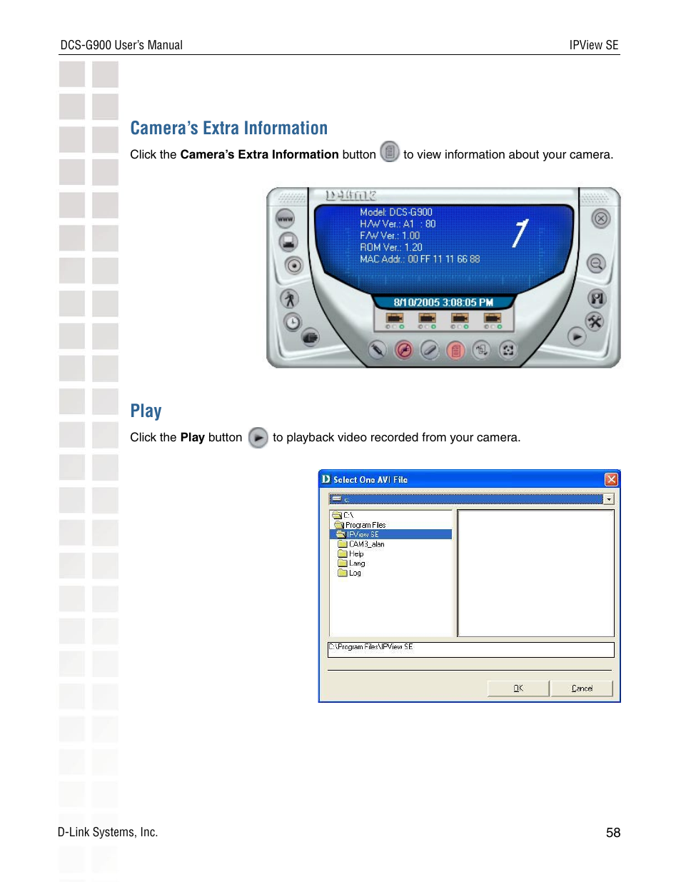 Camera’s extra information, Play | D-Link DCS-G900 User Manual | Page 58 / 78