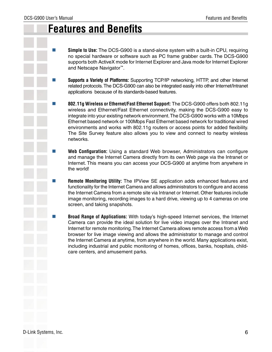 Features and beneﬁts | D-Link DCS-G900 User Manual | Page 6 / 78