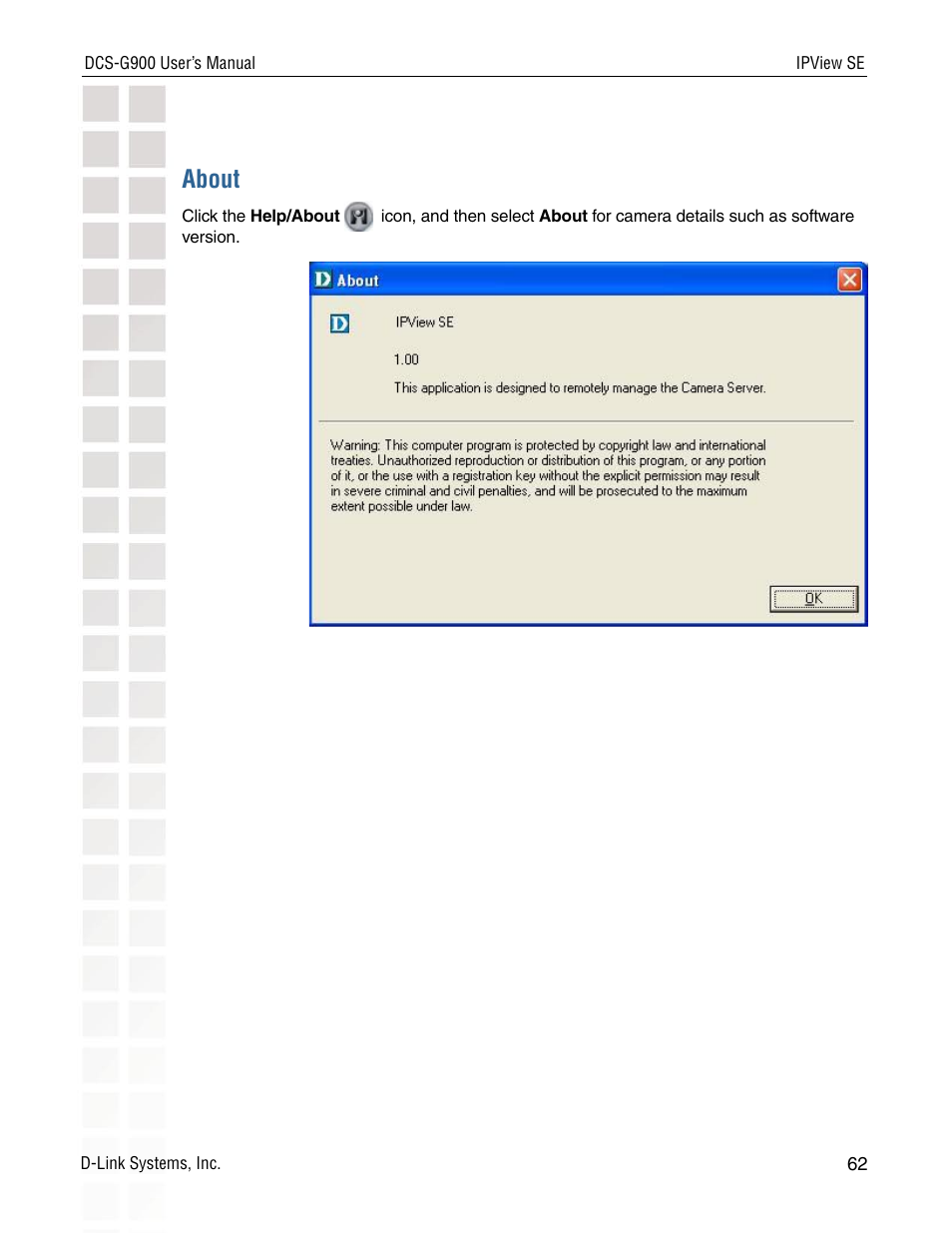 About | D-Link DCS-G900 User Manual | Page 62 / 78