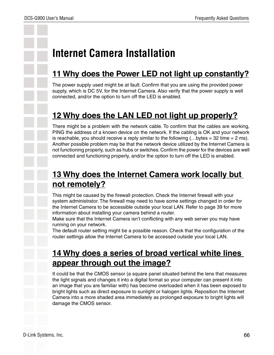 Internet camera installation, 11 why does the power led not light up constantly, 12 why does the lan led not light up properly | D-Link DCS-G900 User Manual | Page 66 / 78