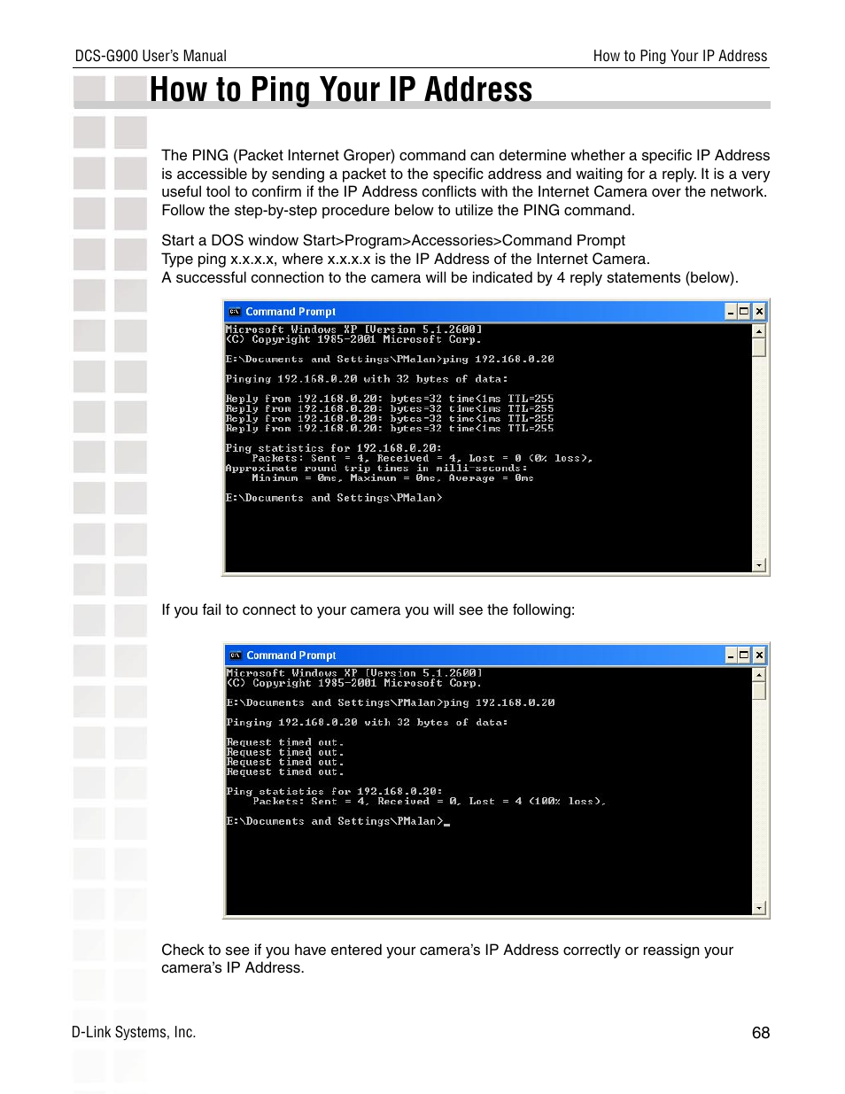 How to ping your ip address | D-Link DCS-G900 User Manual | Page 68 / 78
