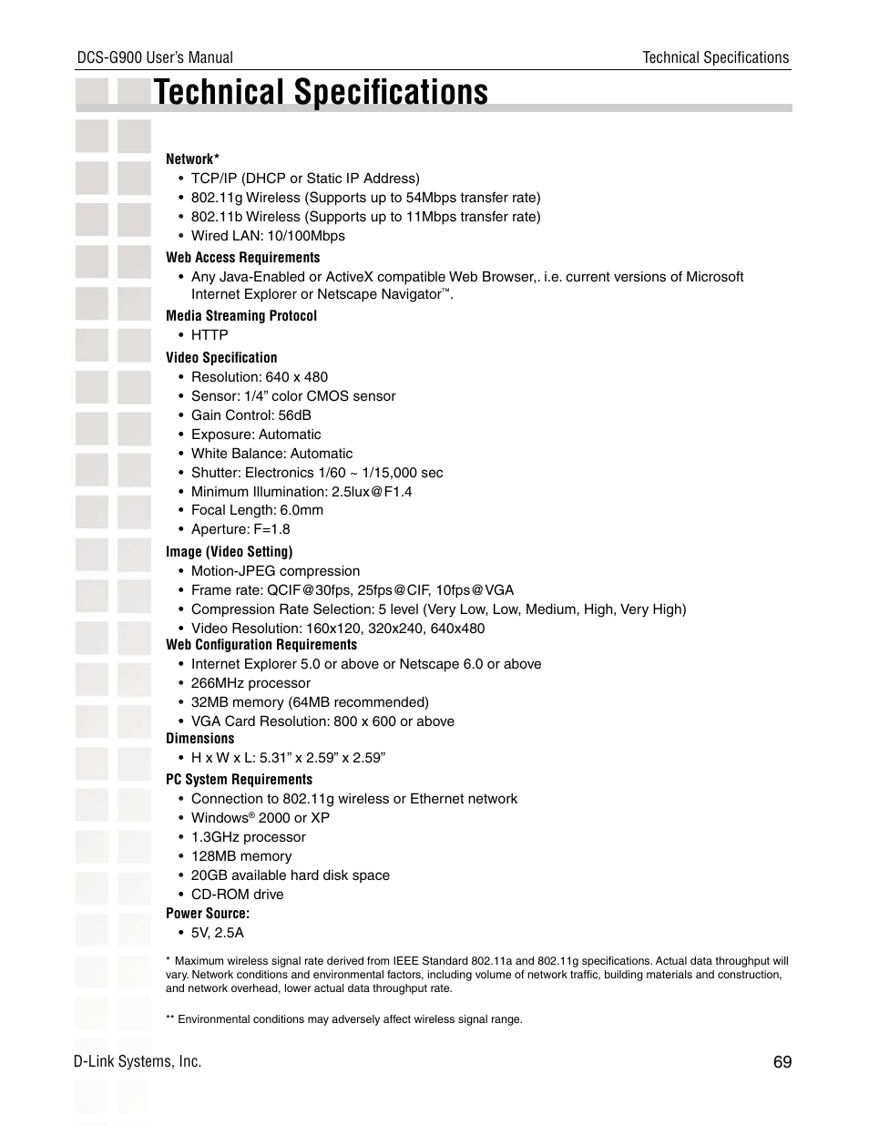 Technical speciﬁcations | D-Link DCS-G900 User Manual | Page 69 / 78