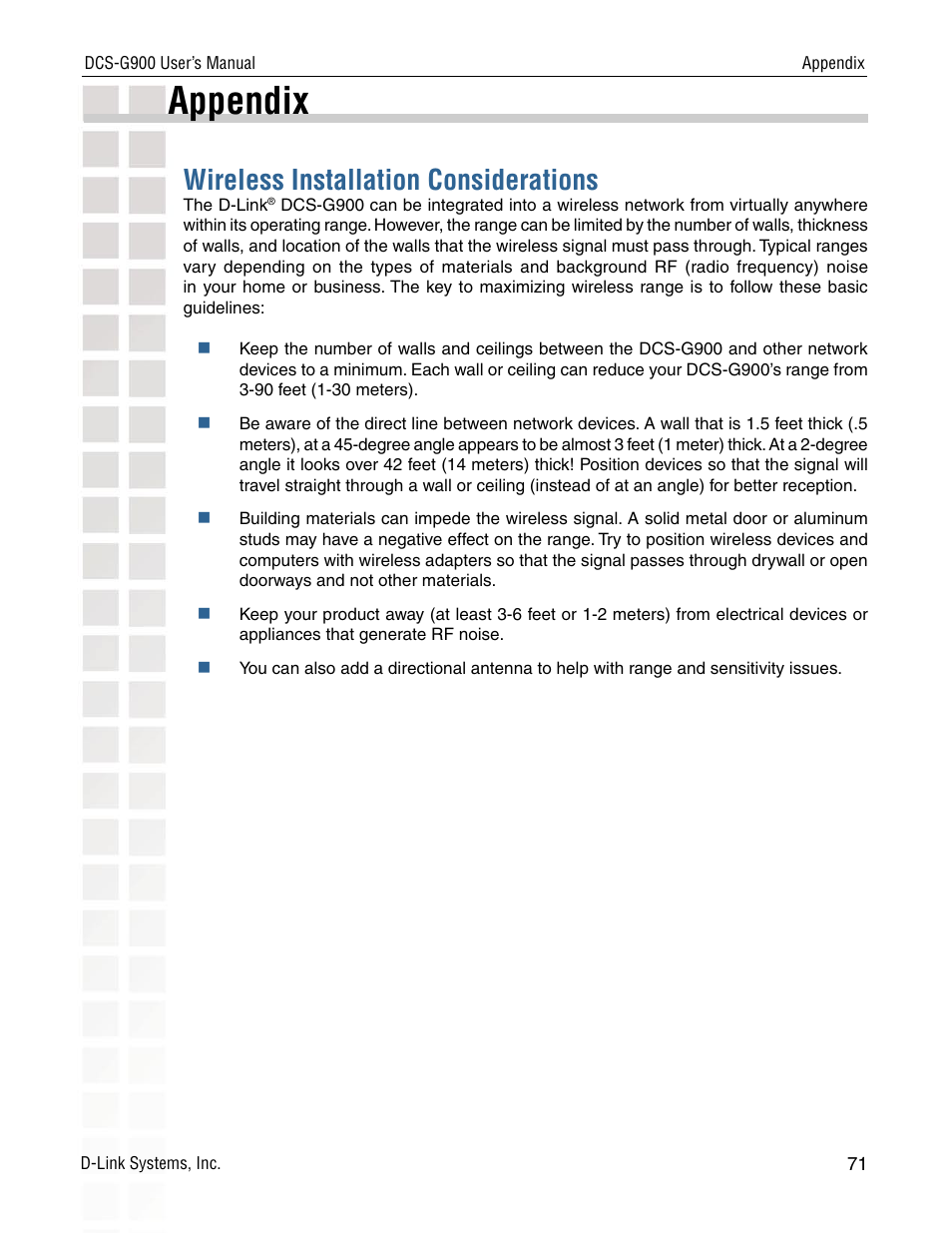 Appendix, Wireless installation considerations | D-Link DCS-G900 User Manual | Page 71 / 78