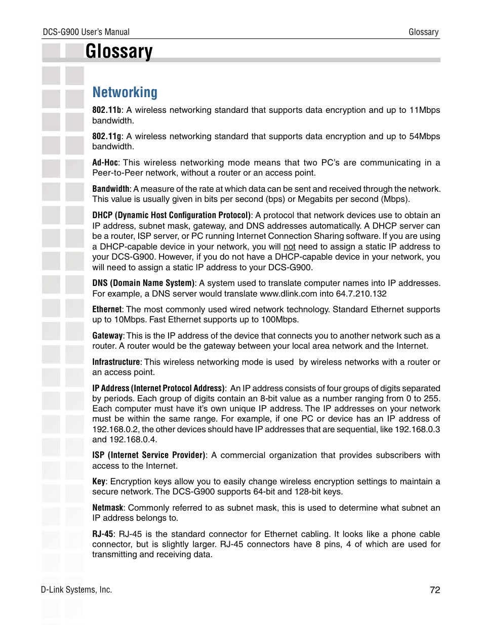 Glossary, Networking | D-Link DCS-G900 User Manual | Page 72 / 78