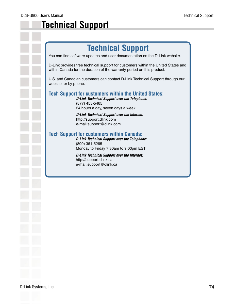 Technical support, Tech support for customers within canada | D-Link DCS-G900 User Manual | Page 74 / 78