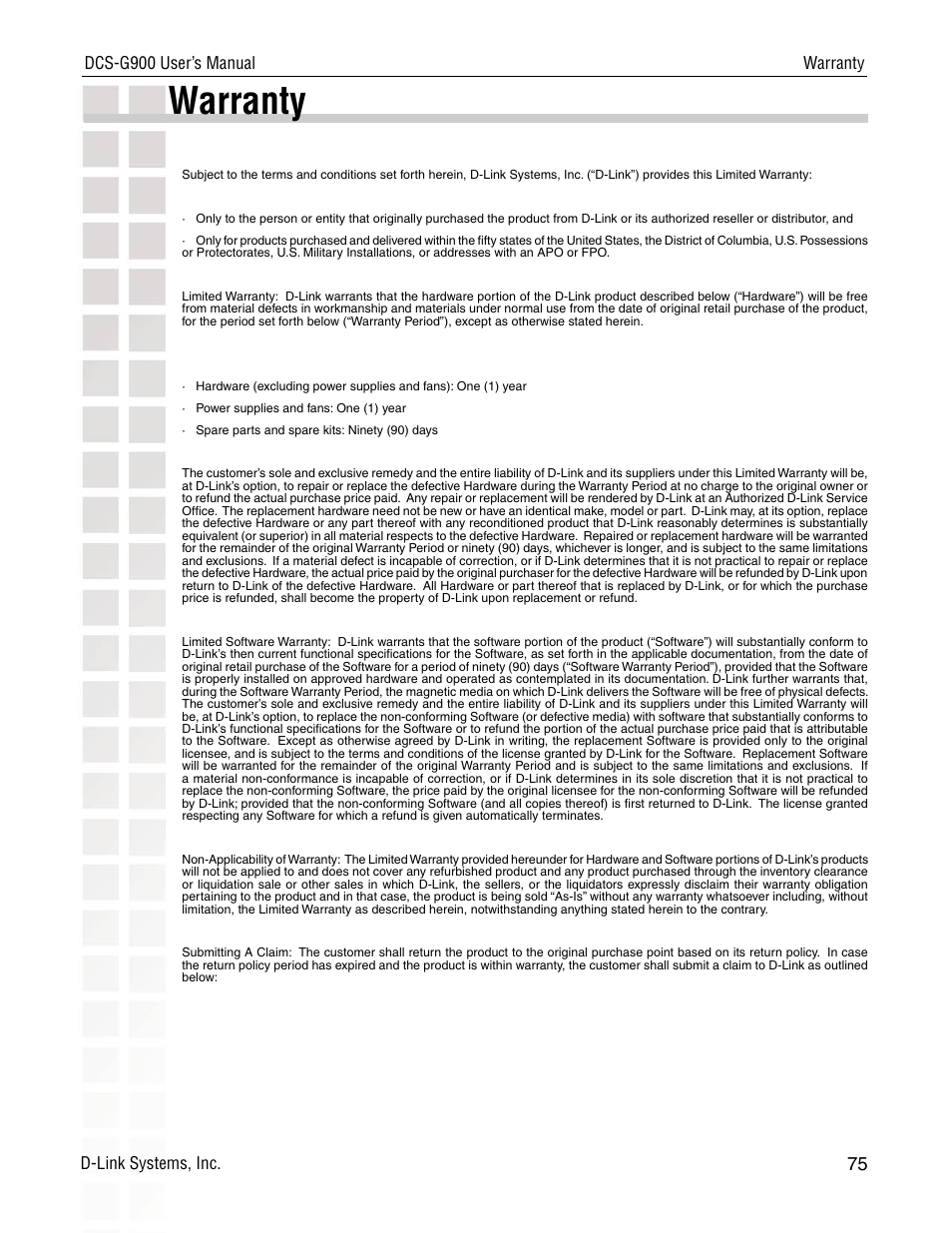 Warranty | D-Link DCS-G900 User Manual | Page 75 / 78
