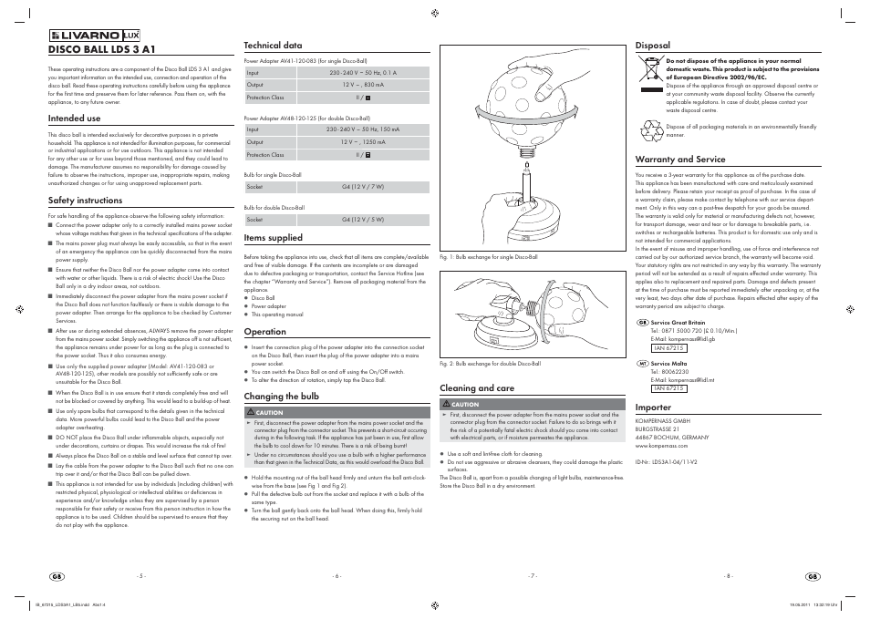 Disco ball lds 3 a1, Intended use, Safety instructions | Technical data, Items supplied, Operation, Changing the bulb, Cleaning and care, Disposal, Warranty and service | Livarno LDS 3 A1 User Manual | Page 4 / 5