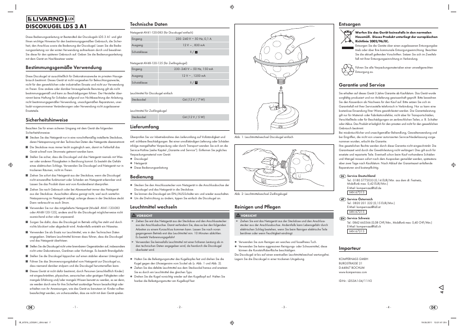 Discokugel lds 3 a1, Bestimmungsgemäße verwendung, Sicherheitshinweise | Technische daten, Lieferumfang, Bedienung, Leuchtmittel wechseln, Reinigen und pﬂ egen, Entsorgen, Garantie und service | Livarno LDS 3 A1 User Manual | Page 7 / 7