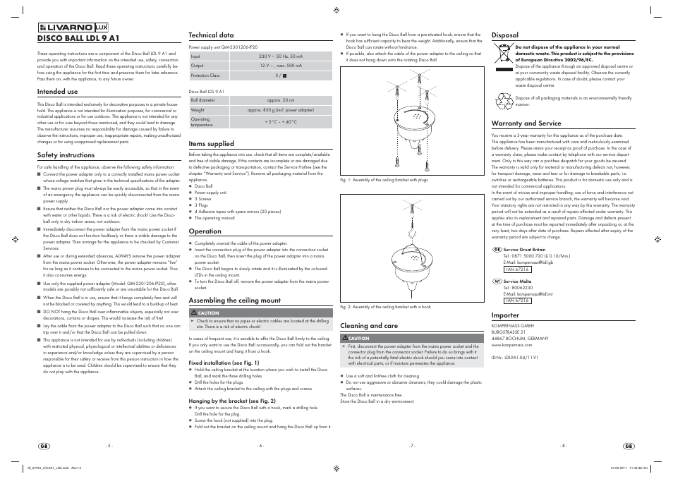 Disco ball ldl 9 a1, Intended use, Safety instructions | Technical data, Items supplied, Operation, Assembling the ceiling mount, Cleaning and care, Disposal, Warranty and service | Livarno LDL 9 A1 User Manual | Page 4 / 5