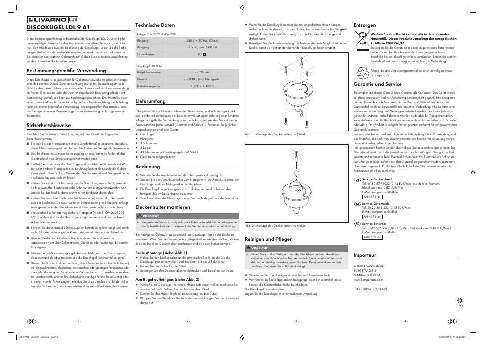 Discokugel ldl 9 a1, Bestimmungsgemäße verwendung, Sicherheitshinweise | Technische daten, Lieferumfang, Bedienung, Deckenhalter montieren, Reinigen und pﬂ egen, Entsorgen, Garantie und service | Livarno LDL 9 A1 User Manual | Page 5 / 5