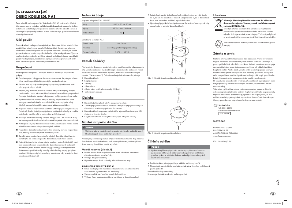Disko koule ldl 9 a1, Účel použití, Bezpečnost | Technické údaje, Rozsah dodávky, Obsluha, Montáž stropního držáku, Čištění a údržba, Likvidace, Záruka a servis | Livarno LDL 9 A1 User Manual | Page 5 / 7