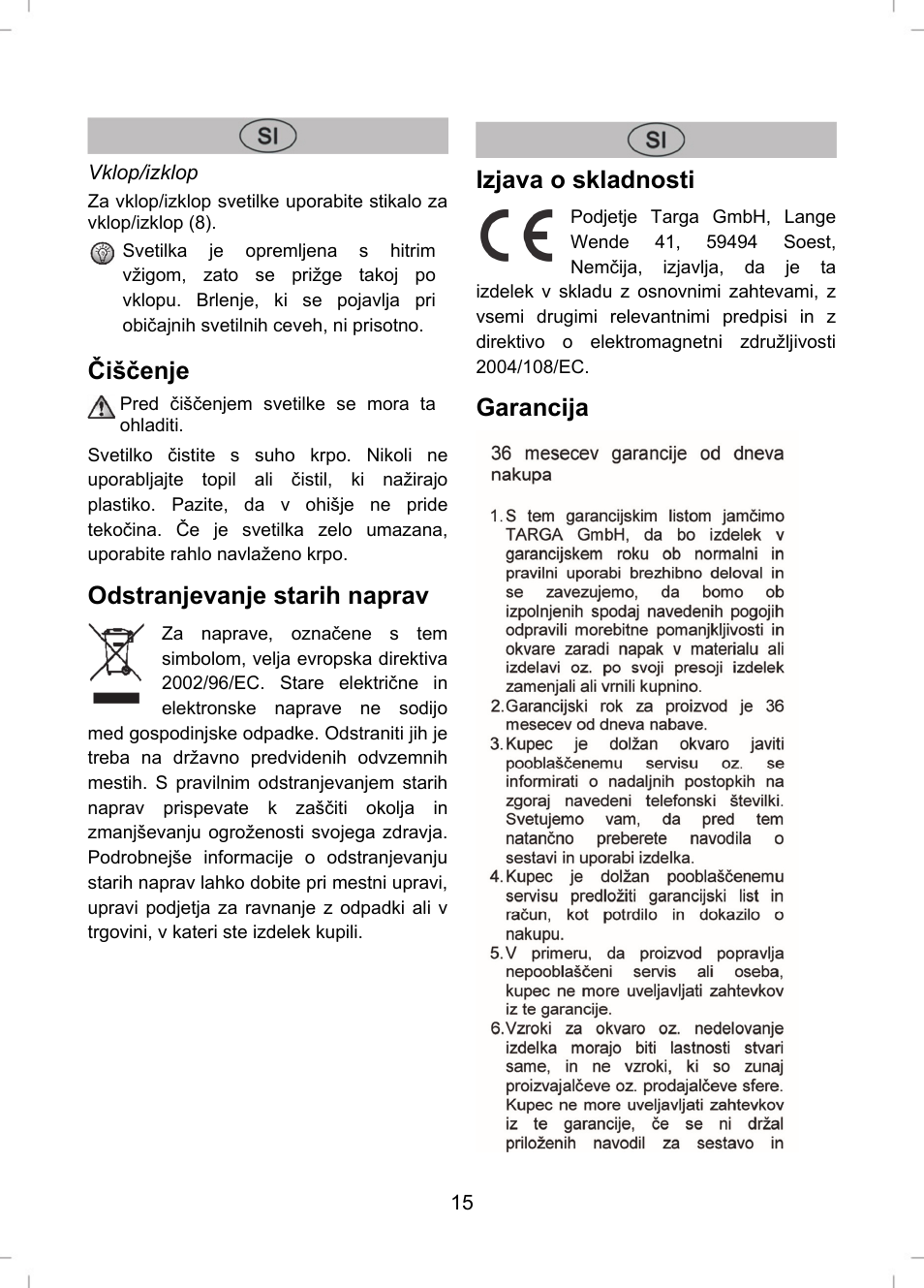 Čiščenje, Odstranjevanje starih naprav, Izjava o skladnosti | Garancija | Livarno LLR 58 A1 User Manual | Page 15 / 26