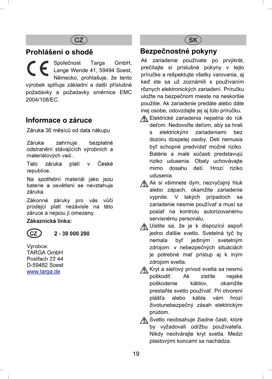 Prohlášení o shodě, Informace o záruce, Bezpečnostné pokyny | Livarno LLR 58 A1 User Manual | Page 19 / 26