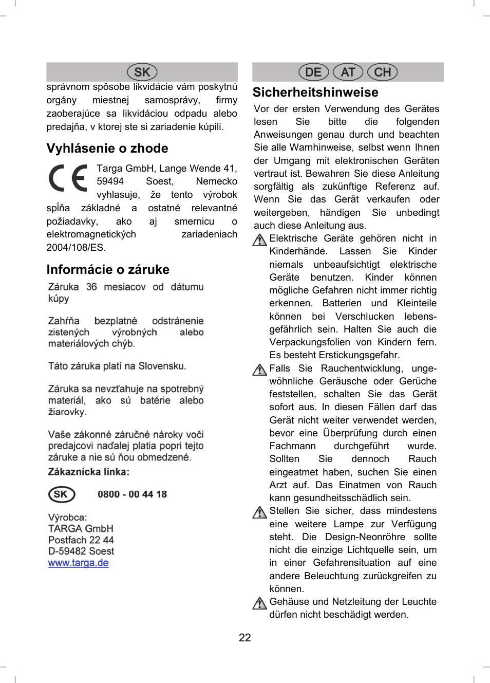 Vyhlásenie o zhode, Informácie o záruke, Sicherheitshinweise | Livarno LLR 58 A1 User Manual | Page 22 / 26