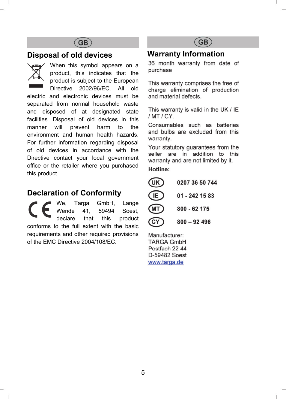 Disposal of old devices, Declaration of conformity, Warranty information | Livarno LLR 58 A1 User Manual | Page 5 / 26