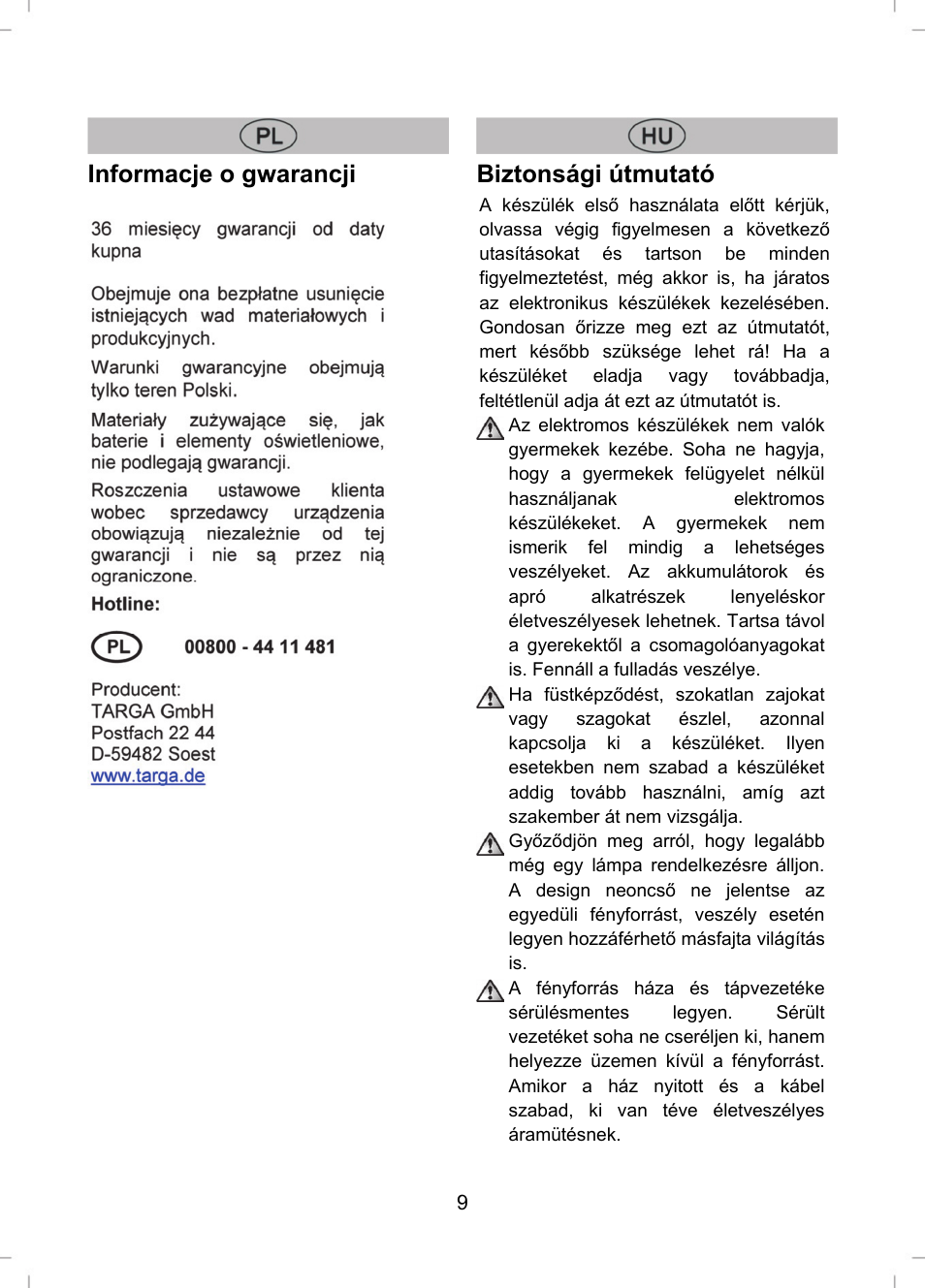 Informacje o gwarancji, Biztonsági útmutató | Livarno LLR 58 A1 User Manual | Page 9 / 26