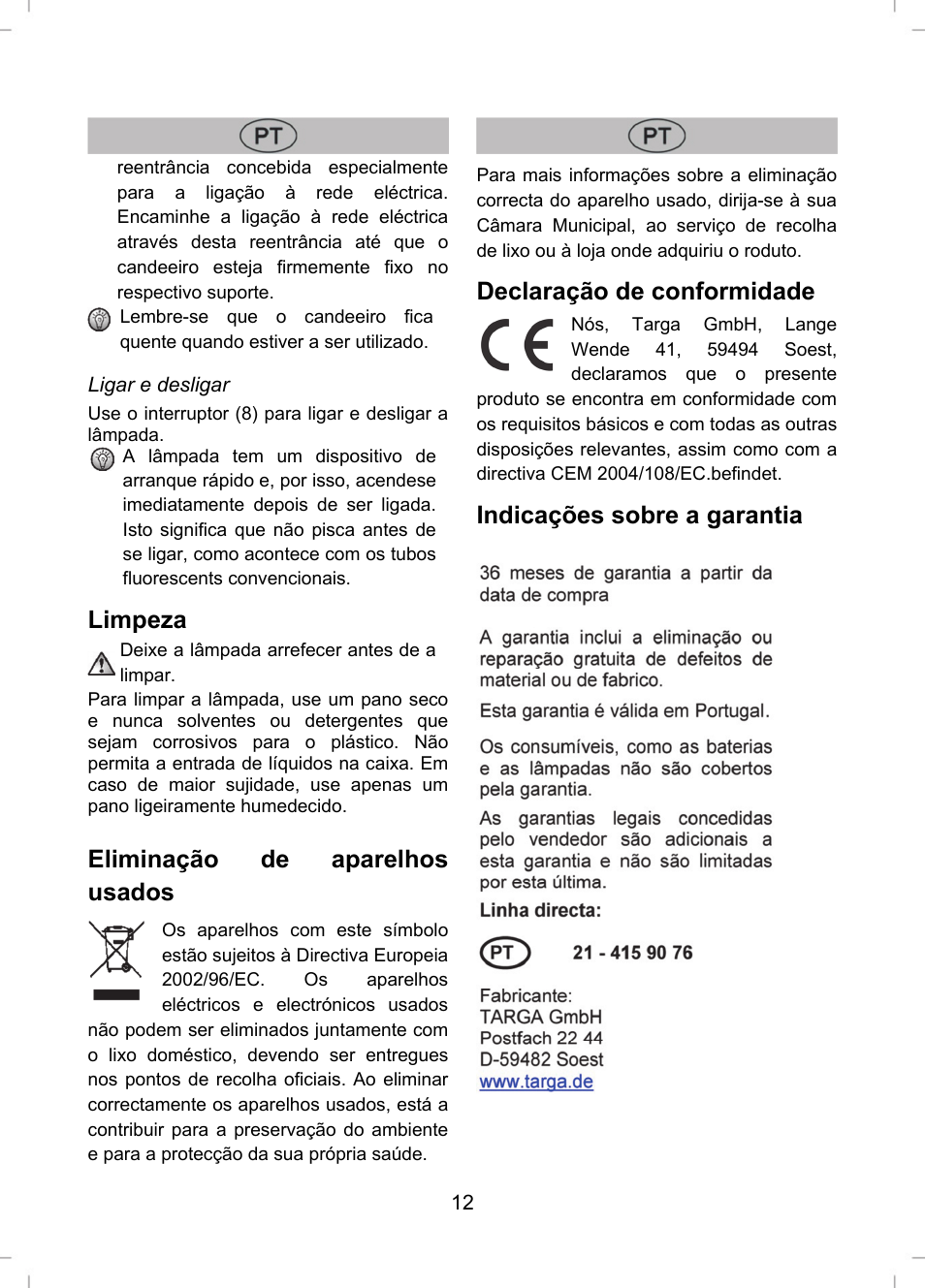 Limpeza, Eliminação de aparelhos usados, Declaração de conformidade | Indicações sobre a garantia | Livarno LLR 58 A1 User Manual | Page 12 / 20