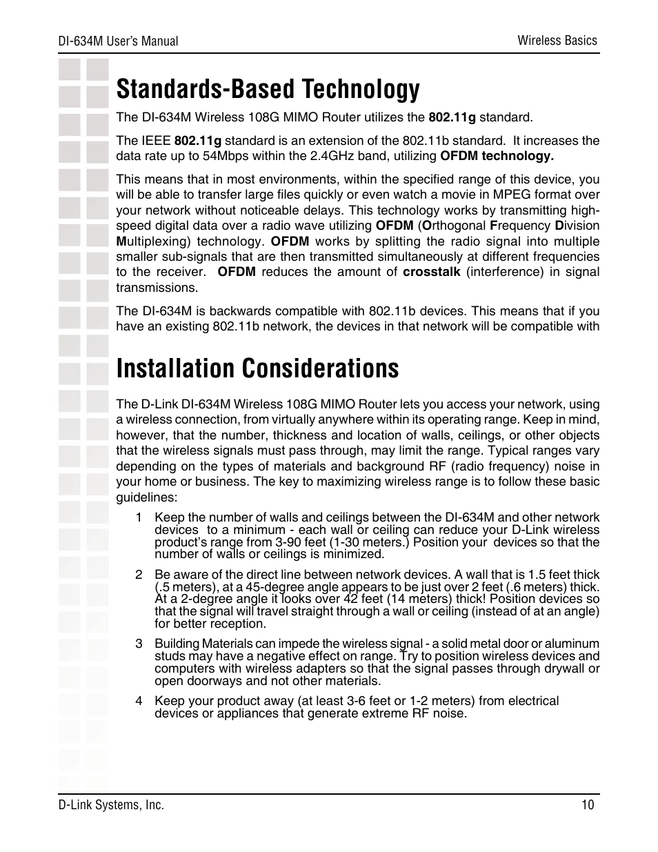 Installation considerations, Standards-based technology | D-Link DI-634M User Manual | Page 10 / 94