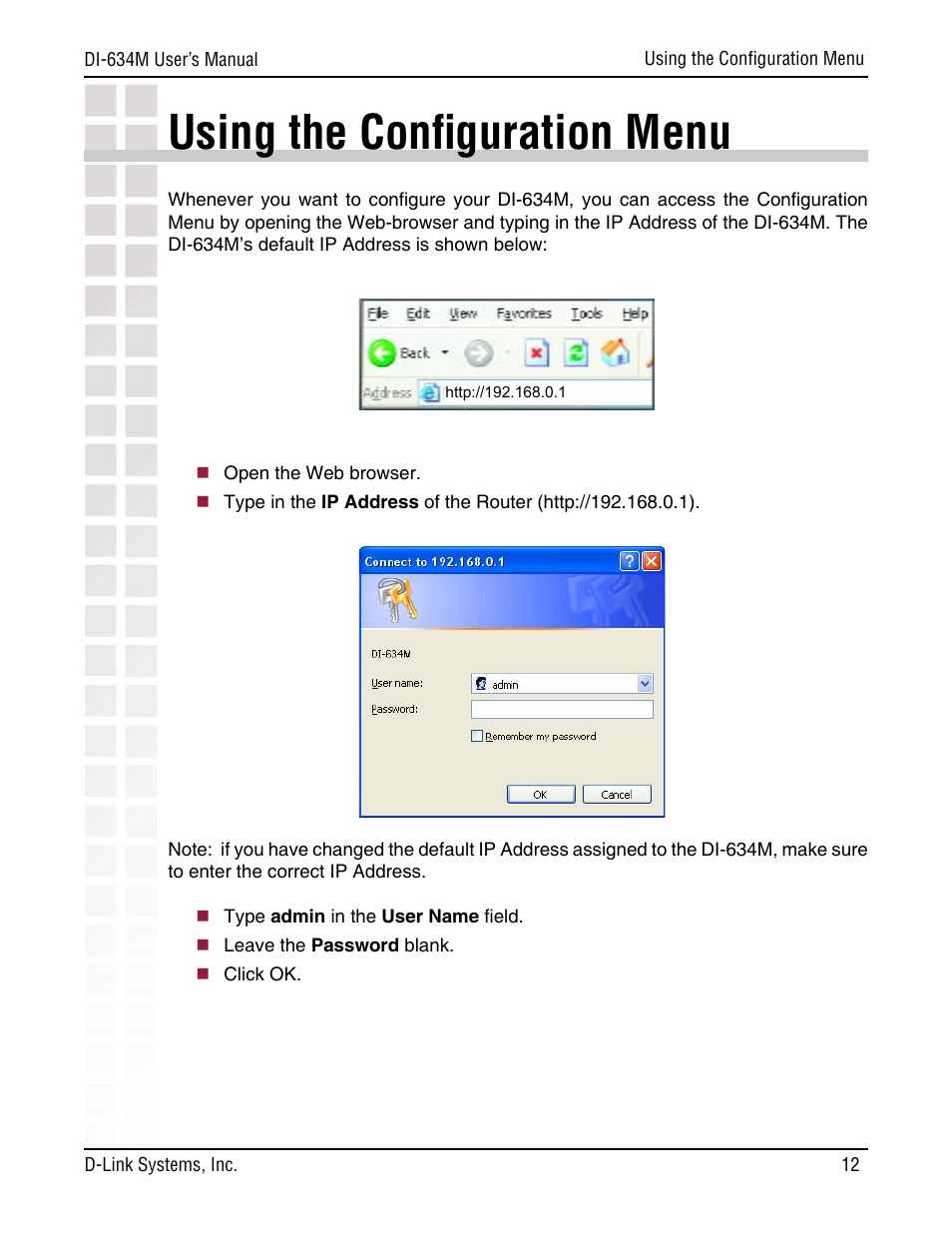 Using the conﬁguration menu | D-Link DI-634M User Manual | Page 12 / 94